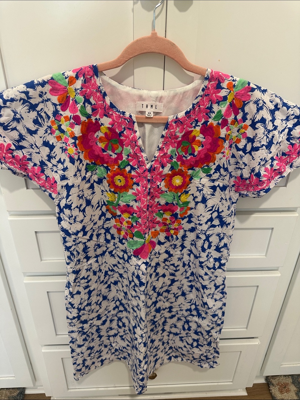 TML Embroidered Floral dress- Blue & Pink